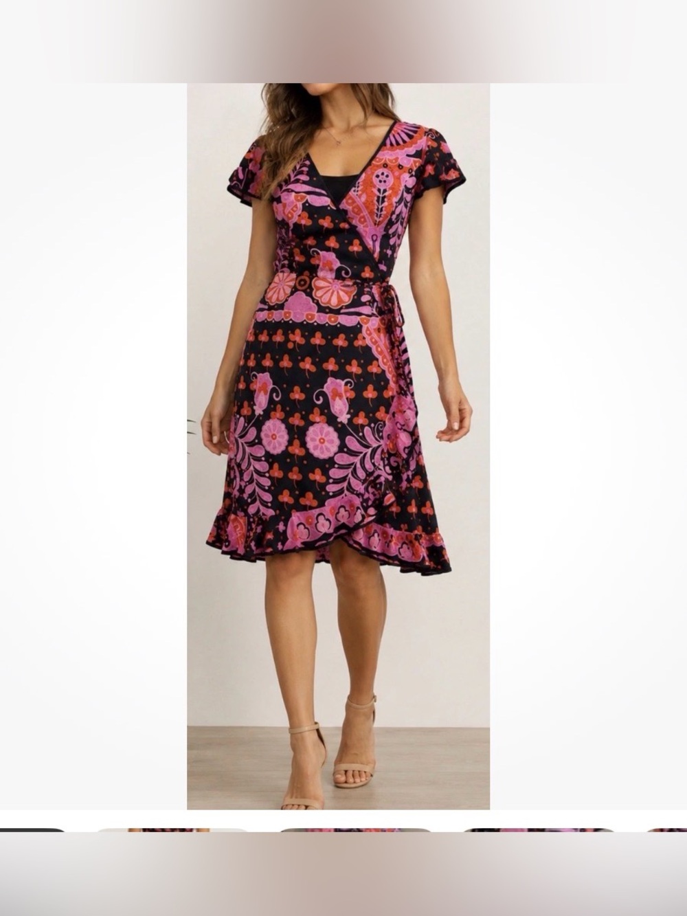 Betsey Johnson Vintage 100% Silk Floral Wrap Dress Pink Black Ruffle Hem Size 8.